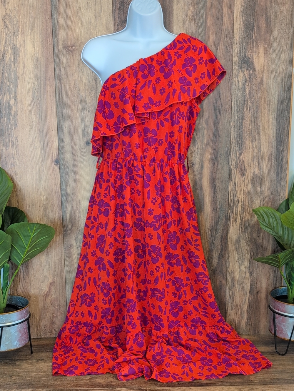 BTFBM Asymmetric One Shoulder Floral Maxi Dress with Ruffle M       747A
